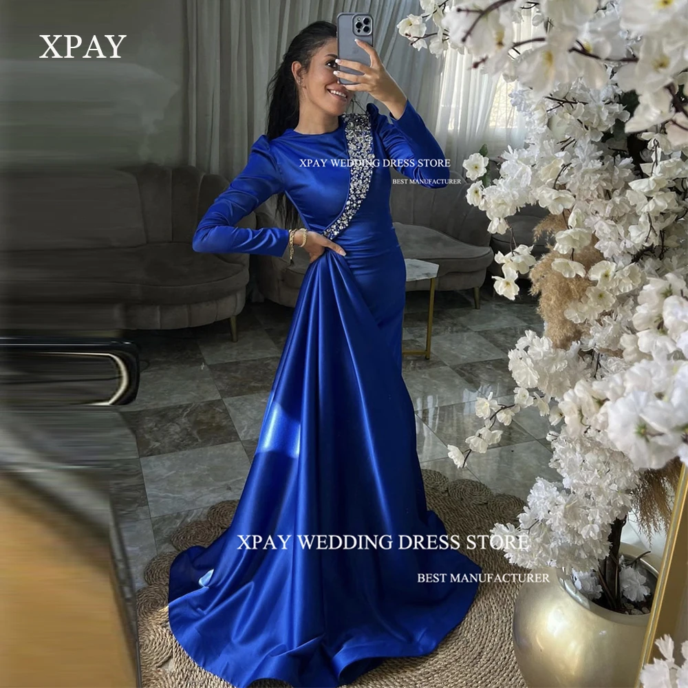 

XPAY Modest Blue Muslim Arabic Women Mermaid Evening Dresses O-Neck Satin Crystal Beads Prom Gowns Formal Occasion Party Dress