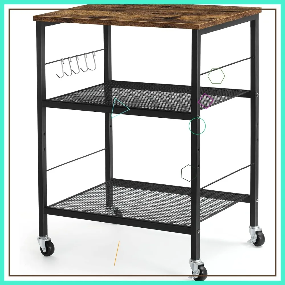 

3-Tier Rolling Cart, Utility Kitchen Storage Shelf on Wheels, Brown Side Table for Home Office