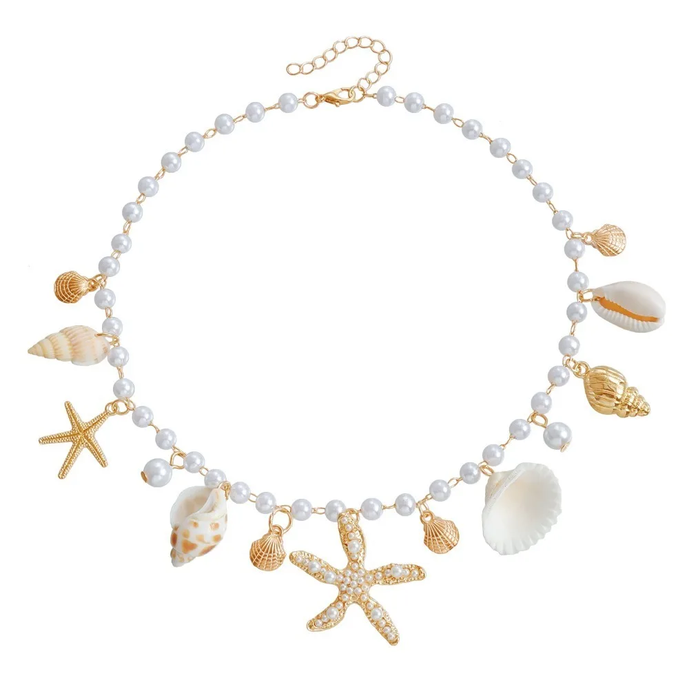 Fashion Bohemian Waist Chain Sea Star Starfish Shell Pendant Body Chain Hollow Out Imitation Pearl Shell Waist Link for Women