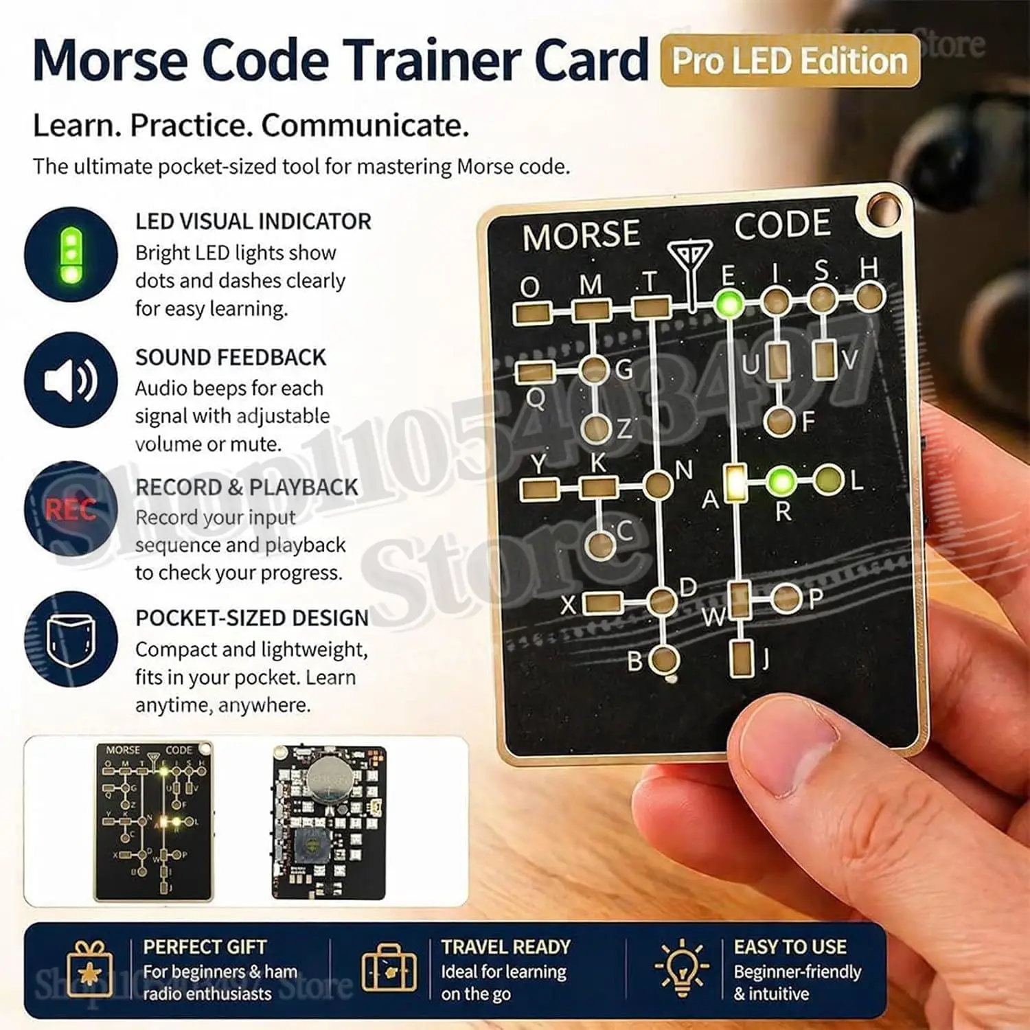 Morse Code Trainer Card Pro-Interactive LED Audio Telegraph Practice Tool Real-Time Feedback Record Playback Portable PCB  Adult