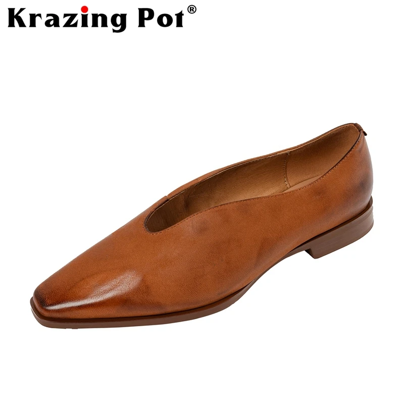 

Krazing Pot Size 41 Sheep Leather Square Toe Low Heels Spring Shoes England Style Western Gladiator Slip on Brand Women Pumps