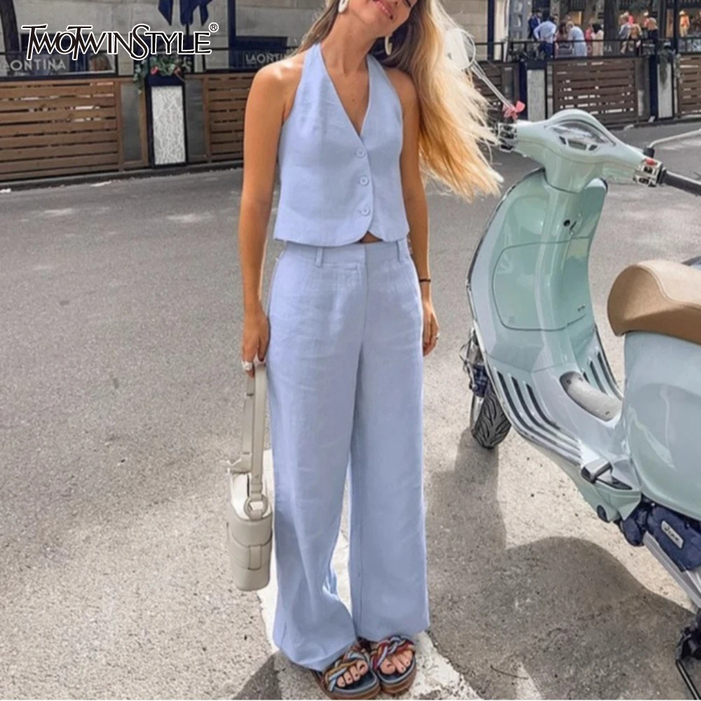 

TWOTWINSTYLE Solid Two Piece Set for Women V Neck Sleeveless Top High Waist Temperament Pant Sets Female Fashion Style