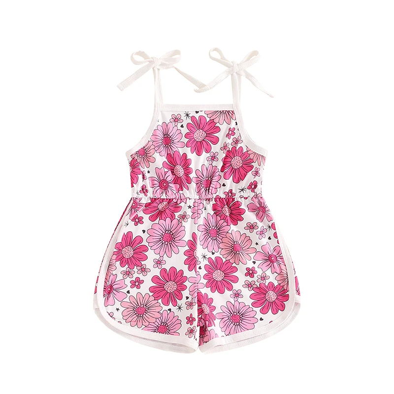 Baby Girl Summer Jumpsuit Sleeveless Tie Strap Elastic Waist Floral Print Romper Toddler Playsuit