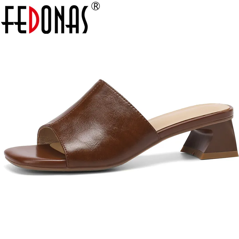 

FEDONAS 2022 Concise Women Sandals Thick Heels Slippers Retro Genuine Leather Casual Pumps Spring Summer New Arrival Shoes Woman