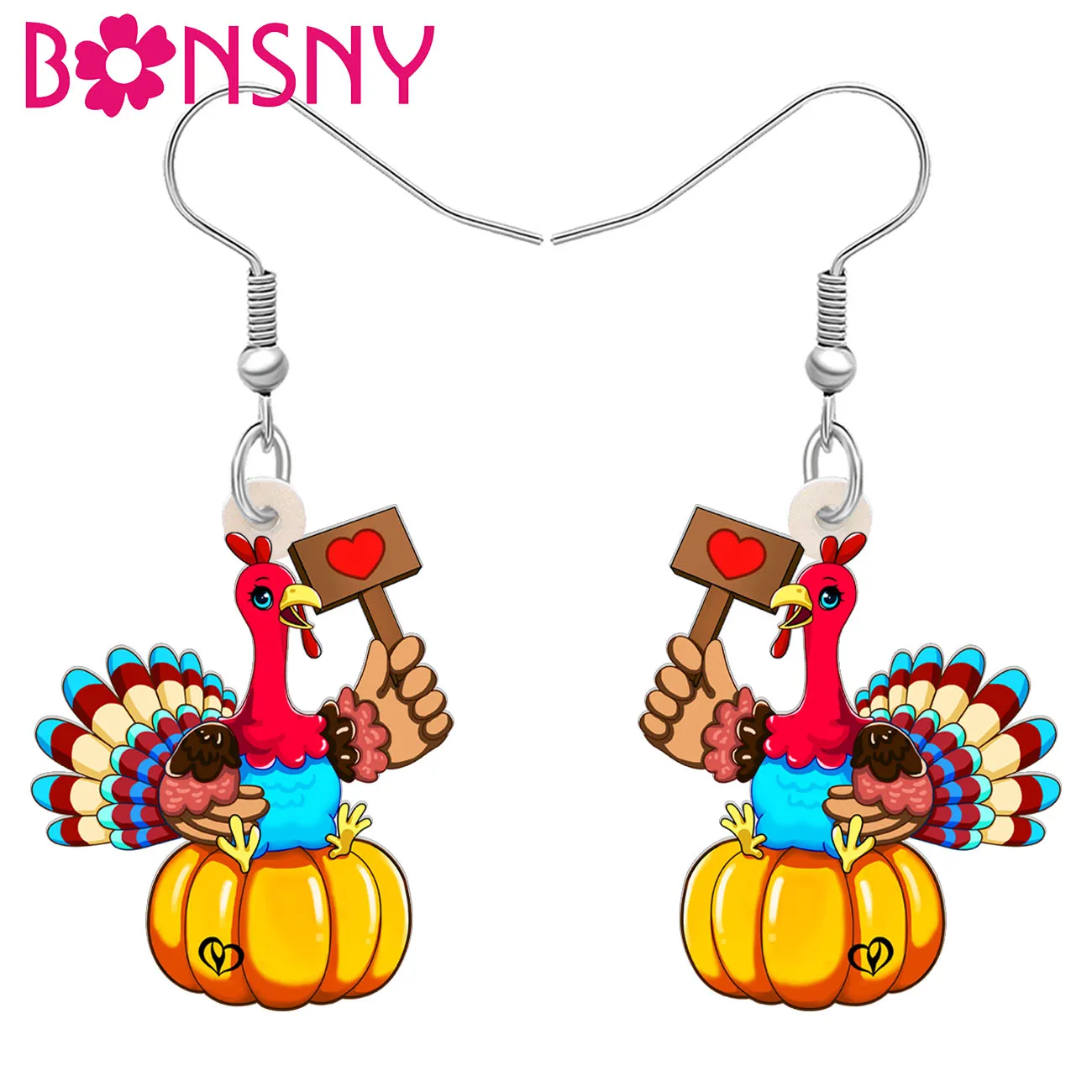 BONSNY Acrylic Thanksgiving Turkey Drop Earrings Farm Pumpkin Cute Animals Jewelry Fall Thankful Gifts For Chicken Lovers Women
