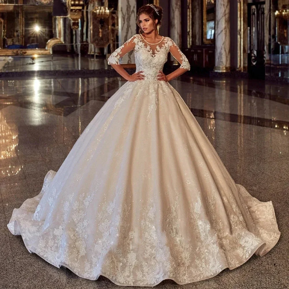 Romantic Beaded O-neck Half Sleeve Wedding Luxury  Lace Sequins Ball Gown Floor Length Customized Vestido De Noiva 2024