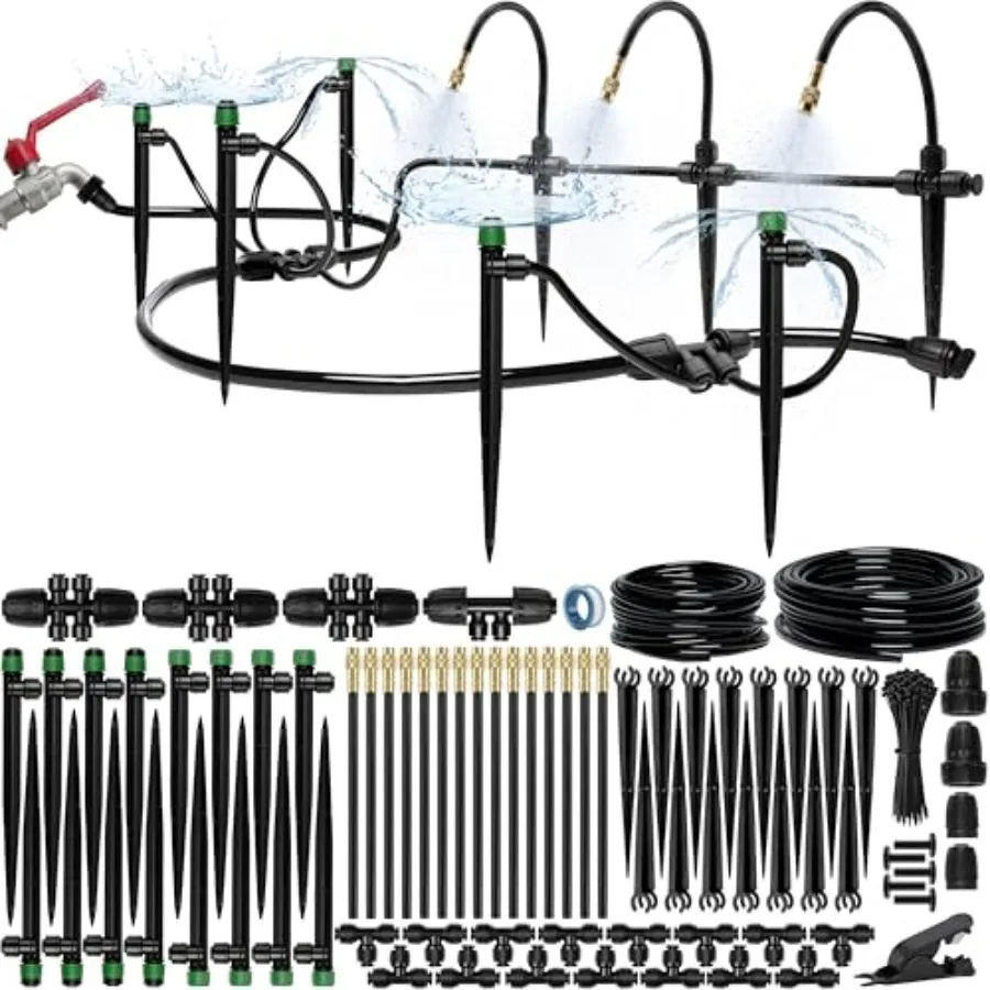 Drip Irrigation System Kit for garden use, made of UV-resistant PVC, black color, pressure-optimized with 15pcs 360 atomizing n