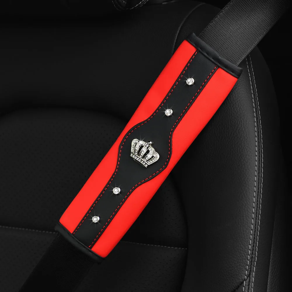 A Stereo Leather Car Seat Belt Shoulder Protector with a Rhinestone Crown and a Car Accessory with an Insurance Belt Cover