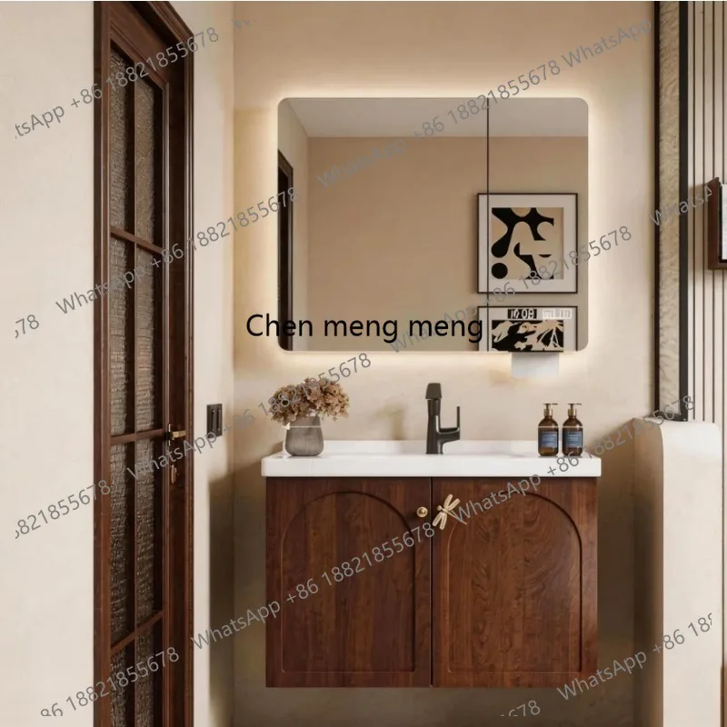 New Chinese smart bathroom mirror cabinet combination oak ceramic bathroom cabinet integrated basin walnut retro style