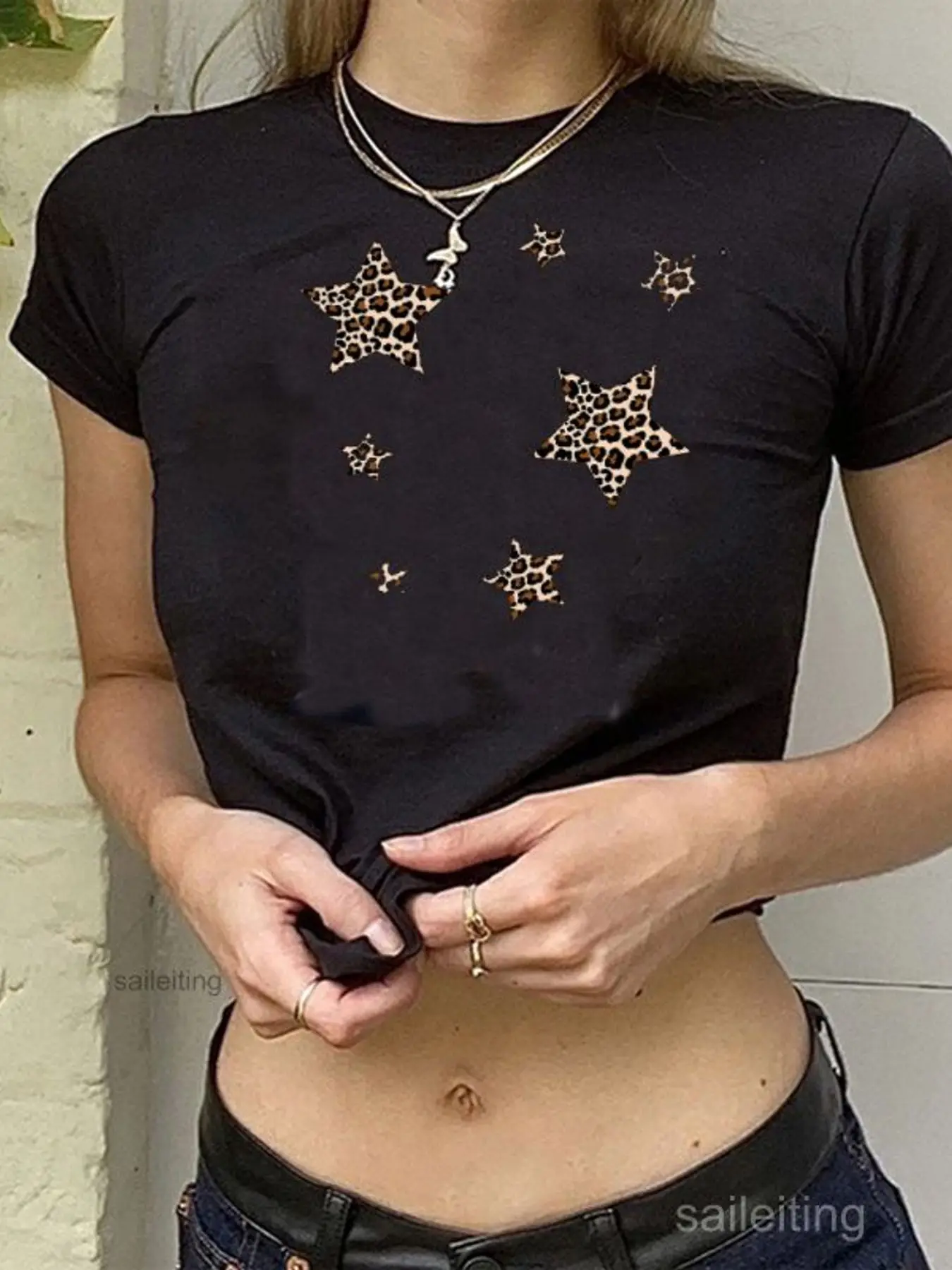 Women's White Crop Top Short Sleeve Round Neck Star Cutout Leopard Print Metallic Glitter Chain Necklace Beige Chunky Knit Ca