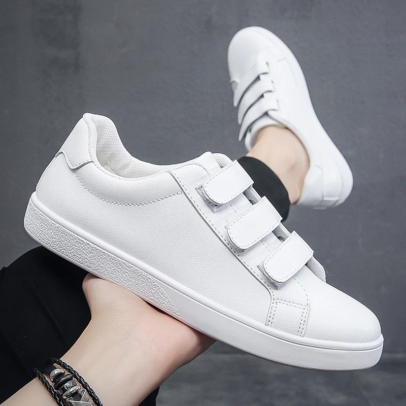 

Trendy Men's White Leather Sneakers with Triple Velcro Closures Versatile Slip-on Dress Shoes Comfortable Males Casual Shoes