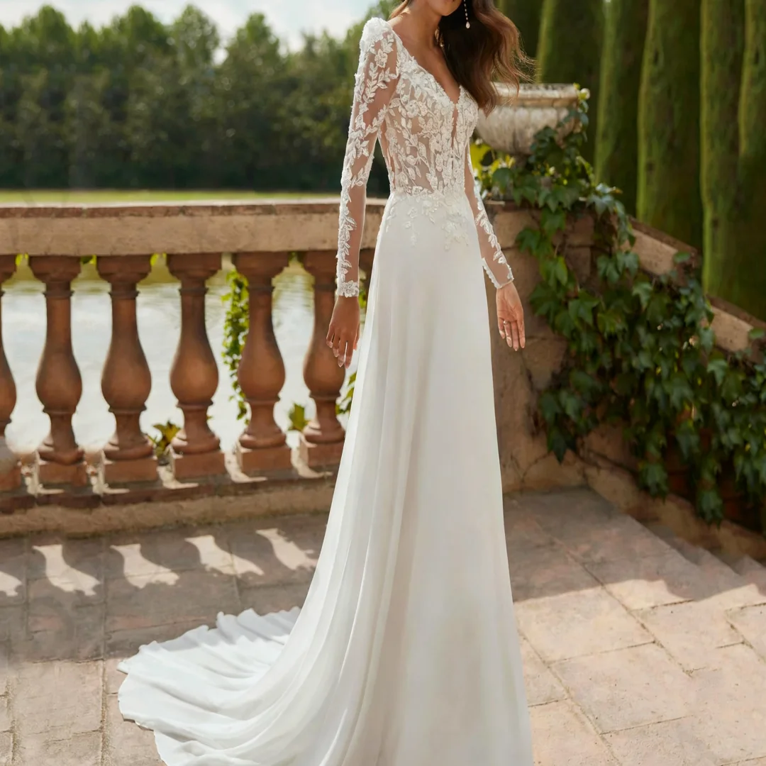 

Красивое свадебное платье с длинным рукавом по индивидуальному заказу, кружевное шифоновое свадебное платье с открытой спиной в стиле бохо
