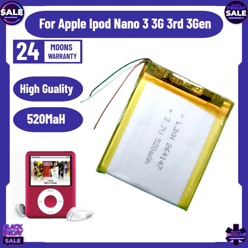 

Nwe 520mAh 616-0337 Battery for Apple Ipod Nano 3 3G 3rd 3Gen Generation 3TH MP3 A1236 Nano3 Battery Replacement