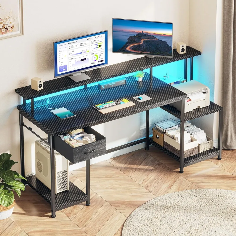 

55" Gaming Desk, Computer Desk with LED & Power Outlet, Office Desk with Printer Storage Shelves & Storage Drawer,