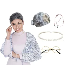 PESENAR Adults Granny Wig & Glasses Set Womens Grey Bun Grandma Hair Costume Accessories