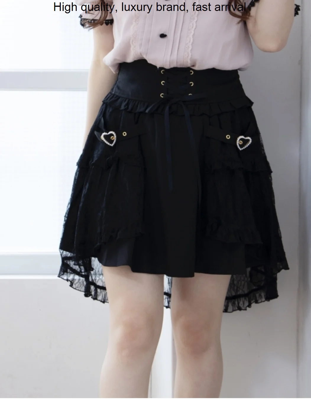 

Styles 2023 Lolita New Spring Summer Cute Women Elegant Love Buckle Plus Size High Waist Ruffles Black Lace Skirts