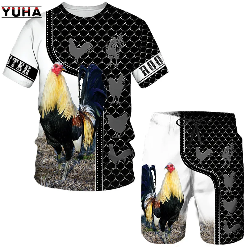 YUHA, Atasan Hewan Ayam Cetak 3D Musim Panas Set Baju Olahraga Kasual Pria Kaus Camo Berburu Ayam Lucu + Celana Pendek Setelan Pria