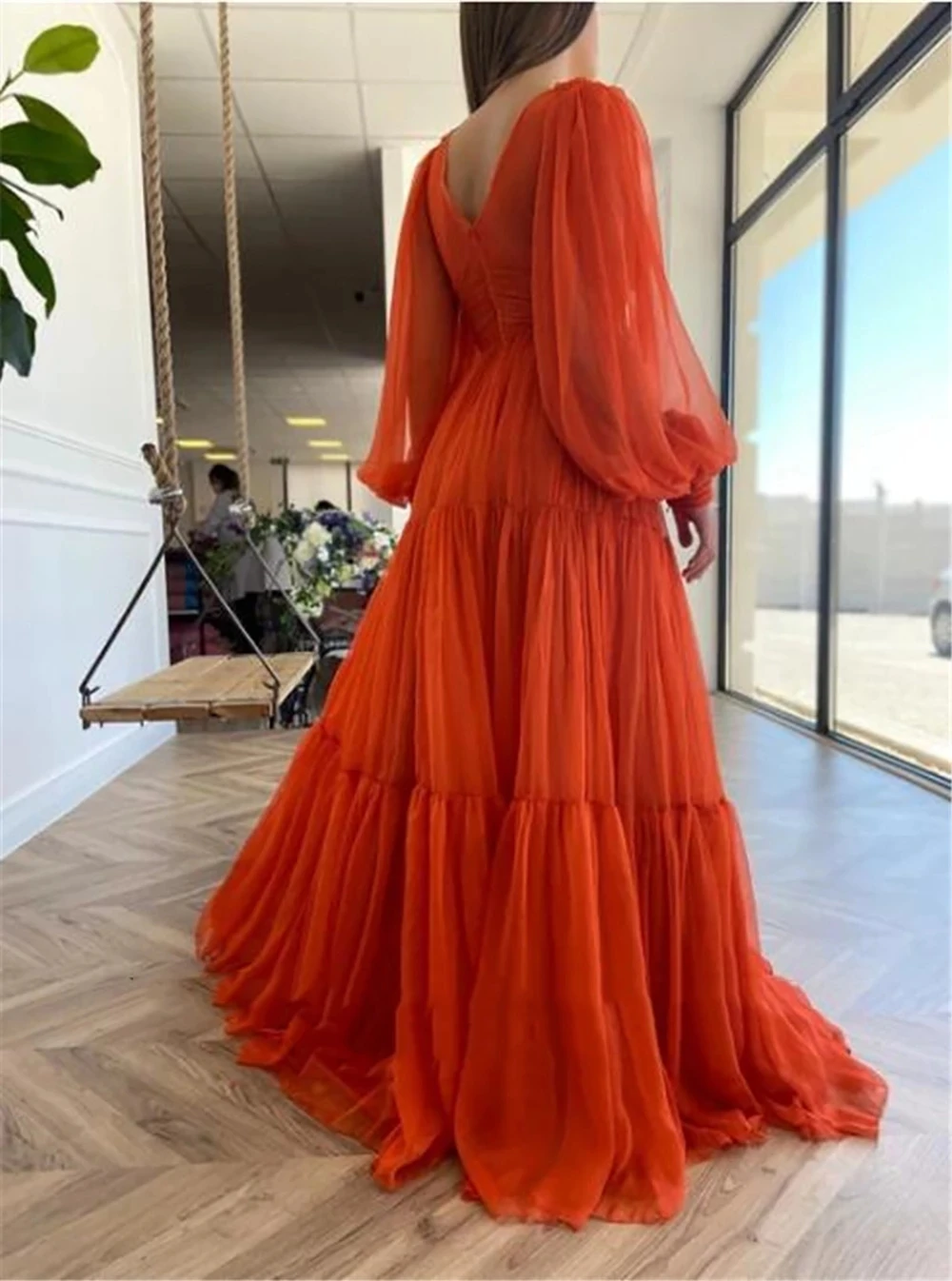 Bafftafe A Line Pleated Orange Chiffon Prom Dresses Customized Puff Long Sleeves V Neck Women Evening Dress Formal Party Gowns