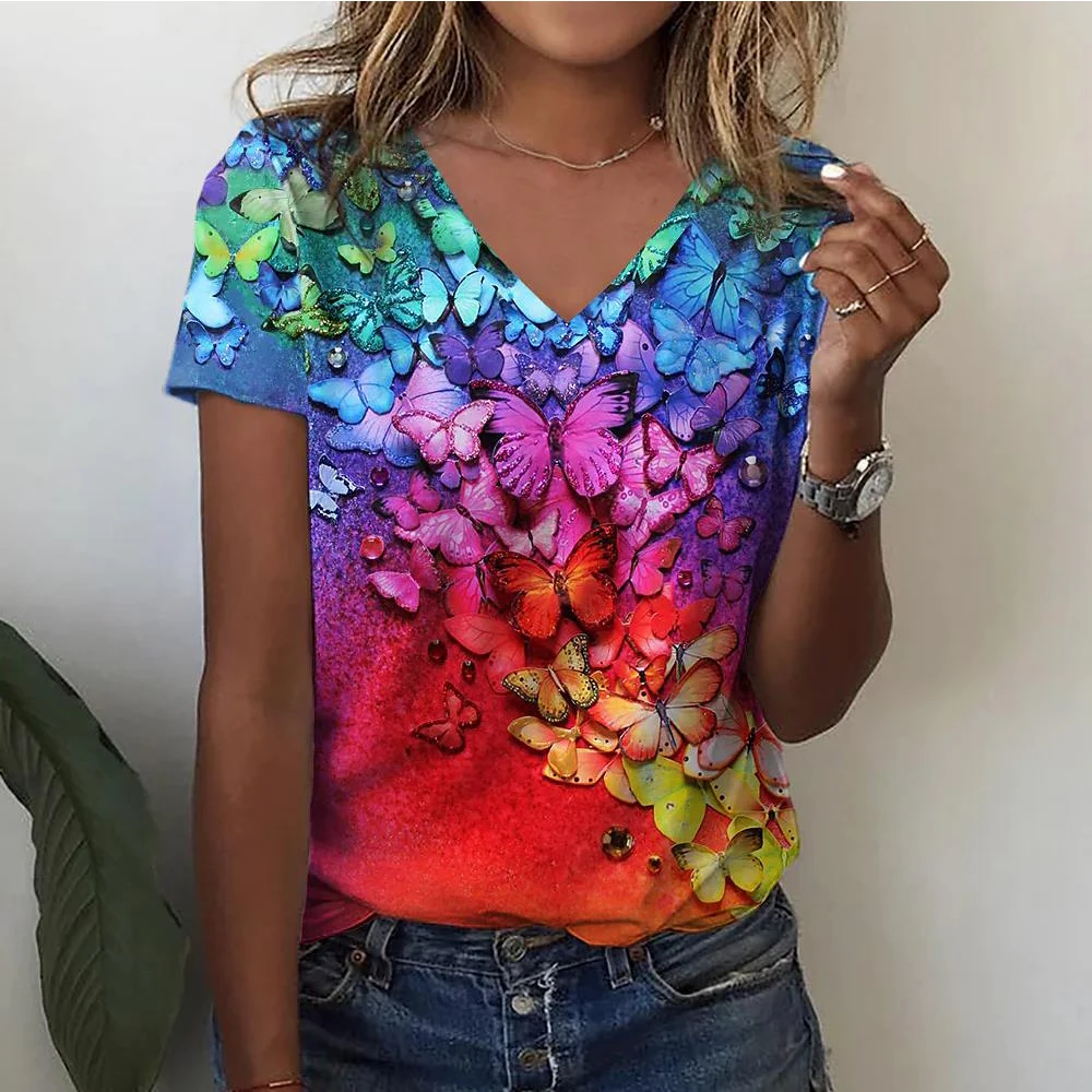 Women\'s T-shirts Fashion Tops V-neck Colorful Butterfly T Shirt Female Short Flowers Print Casual Tees Summer Oversized Clothes