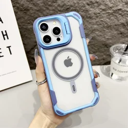 Military Armour Transparent Magnetic For Magsafe Phone Case for iPhone 13 14 15 16 Pro Max Lens Holder Splicing Color Back Cover