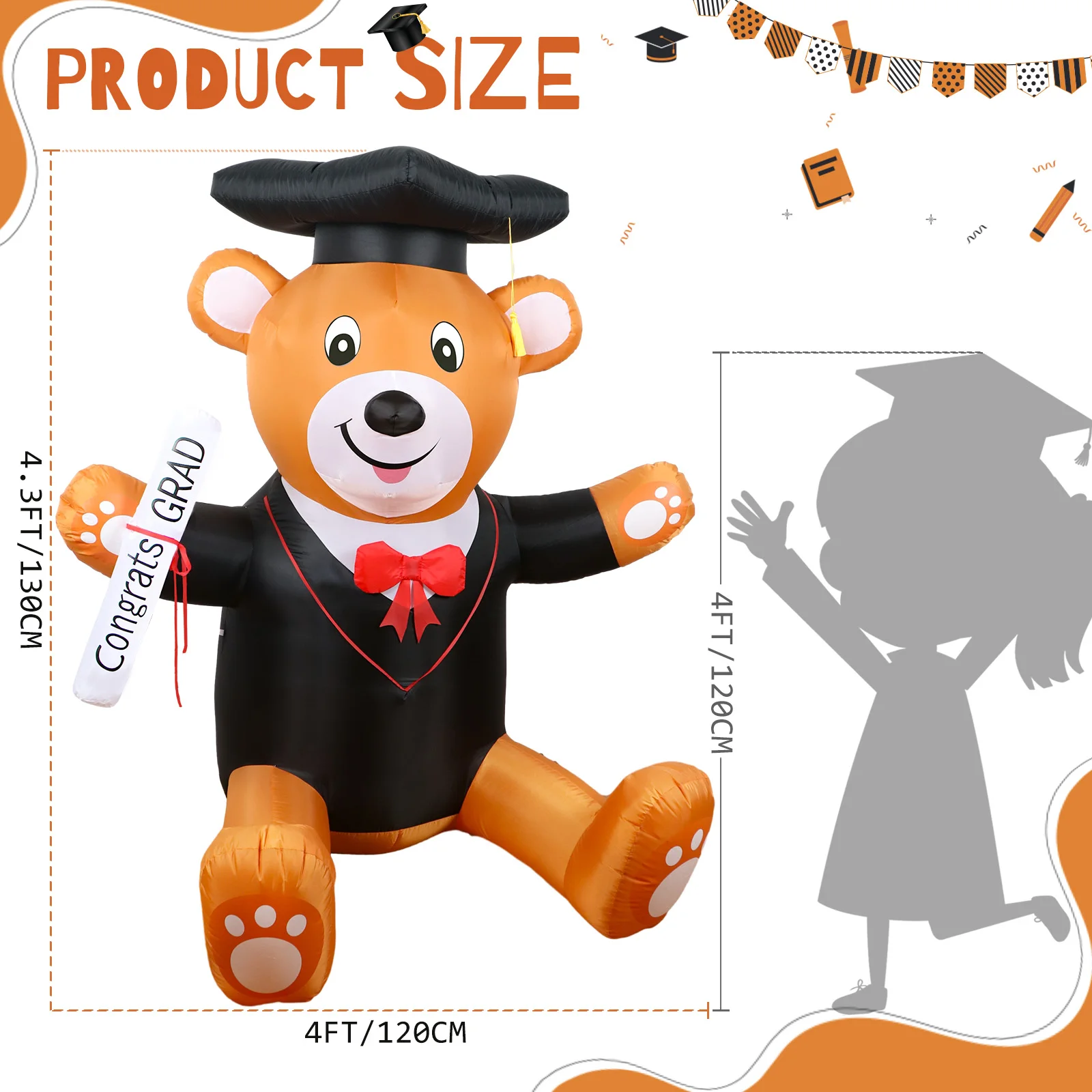 4.3ft,2024 Graduation Inflatable Decoration Bear Inflatable Toys for Degree College Graduation Party Outdoor Garden Lawn Decor