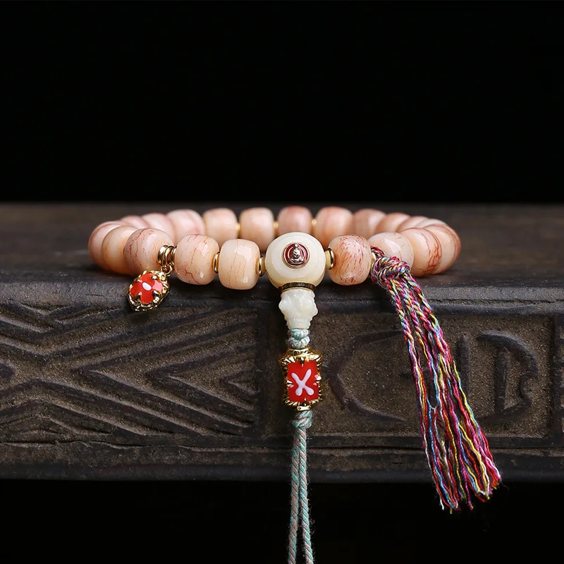 Vintage Bracelet With Single-Loop Powder-Coated Beads, Yak Bone Inlay, And No Phase Buddha Three-Way Connect