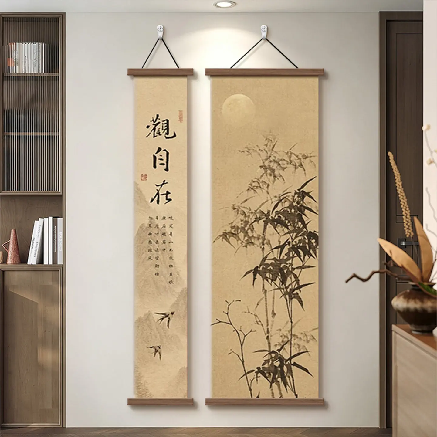 Chinese Scroll Wall Hanging Set of 2 Zen Calligraphy Moon Bamboo Ink Canvas Art with Wooden Rods for Entryway Hallway Decor
