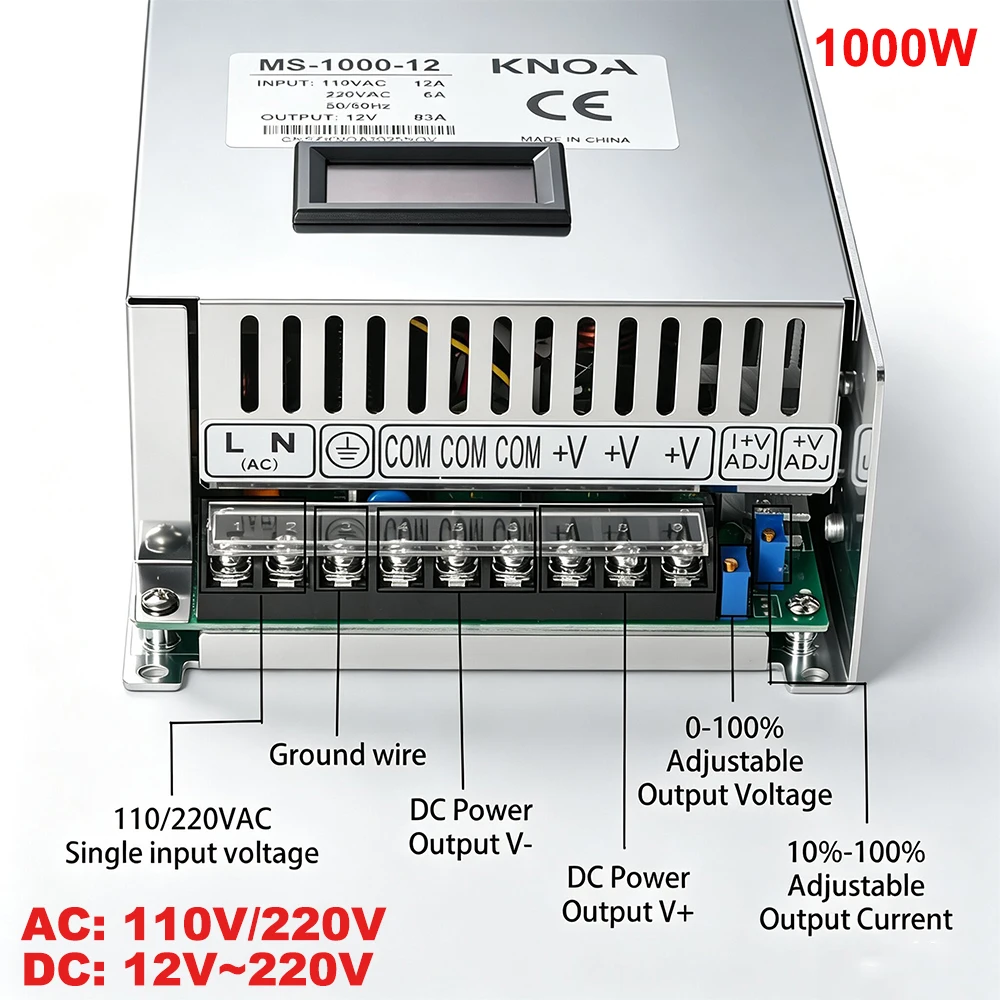 1000W Adjustable Power Supply SMPS AC 110V 220V To DC 12V 13.8V 15V 24V 36V 48V 68V 72V 150V 200V Digital Display Power Supply