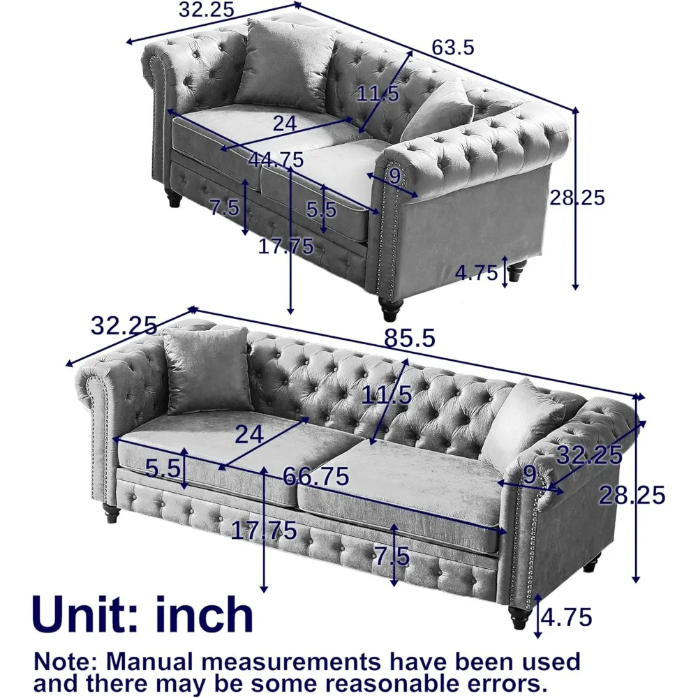 2-teiliges, gepolstertes Wohnzimmer-Sofaset aus technischem Stoff, einschließlich 3-Sitzer-Sofa und Loveseat mit vier Kissen im Lieferumfang enthalten