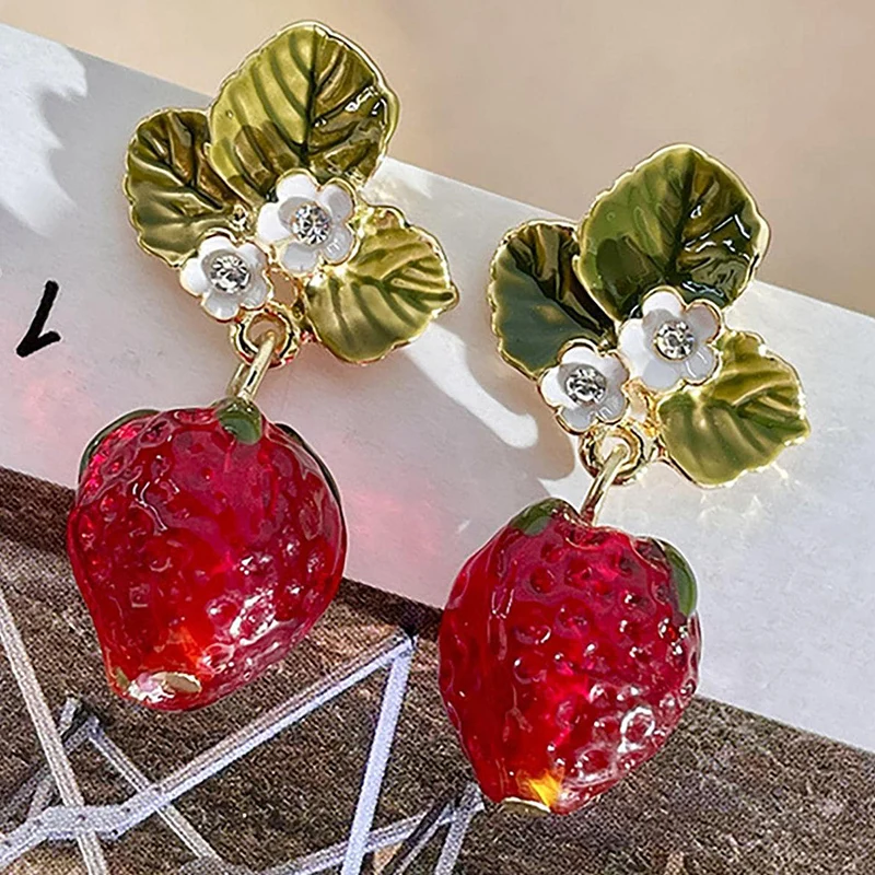 Obega Girls Cute Strawberry Drop Earrings Green Leaves White Flower Red Berry Crystal Stone Earrings ForSummer Jewelry Gift image 4