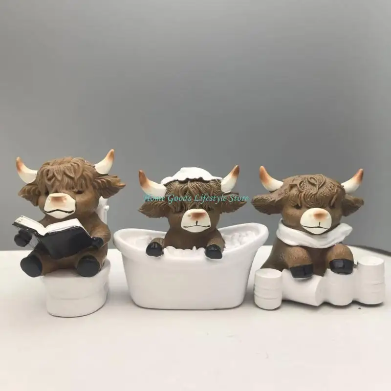 E74E Set of 3 Resin High Land Cow Gnomes Statues for Living Room Bathroom Decoration