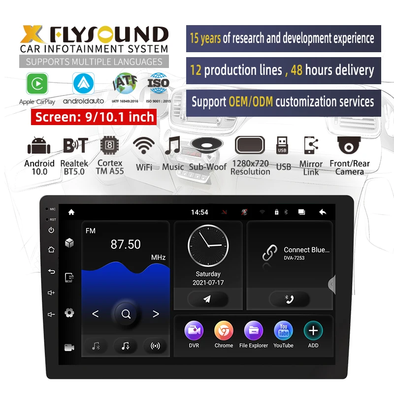 Flysonic Carplay Multimedia Support Rear View Camera Radio Audio 2 Built-in Hd Android Navigation 1 Din 7 Inch Car Dvd Player