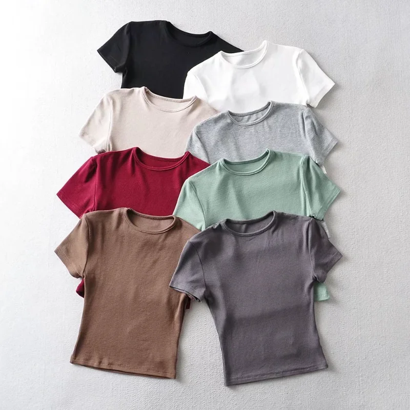Women Summer Casual T Shirt O Neck Knit White Crop Tops Basic Sexy Streetwear Ribber Black Short Sleeve Top tees Multicolour