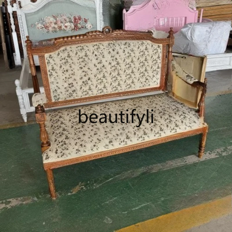 

French Neoclassical Solid Wood Carved Sofa Small Apartment Vintage Fabric Sofa Nanyang Style Home Use