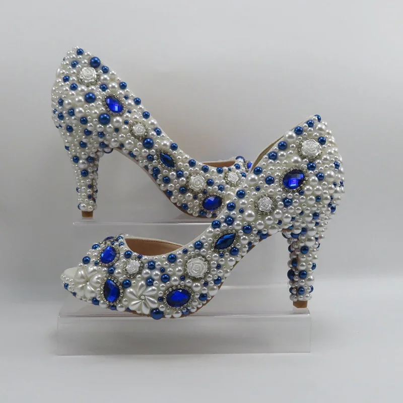 White and Blue Pearl Wedding shoes and bag Peep Toe Pumps Bridal Party Dress Shoes Fish Mouth high heels with Handbags  8cm image 4