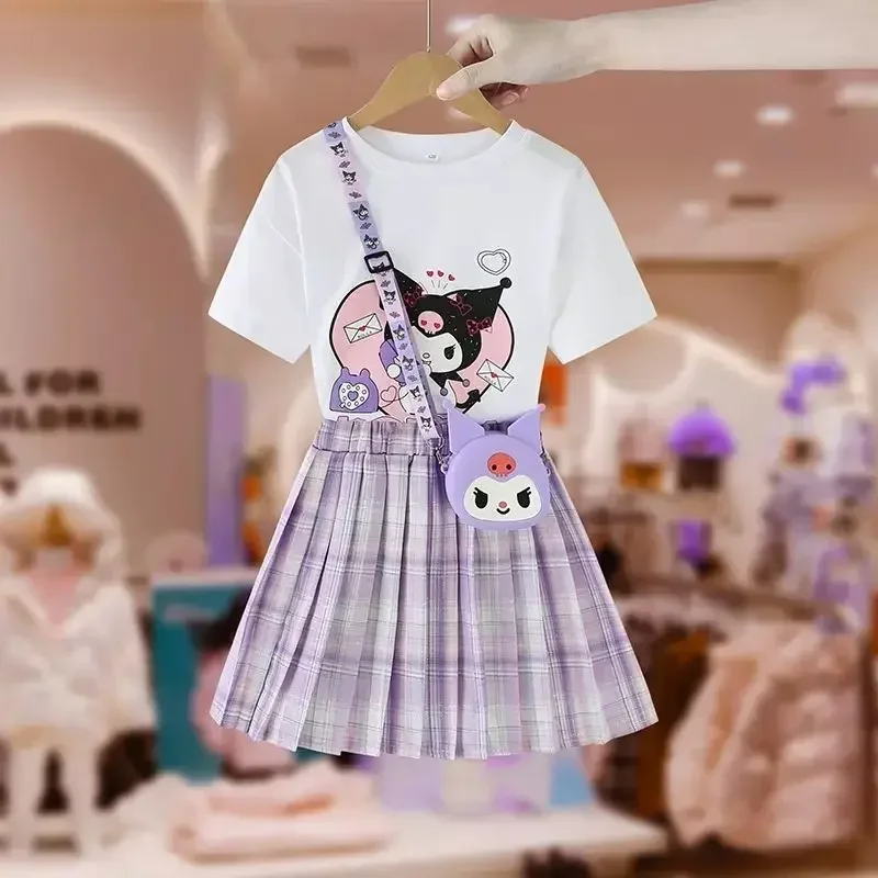 Kawaii Children Kuromi T-shirt and Short Skirt Set MINISO Anime Lovely Girl Fashion JK Student Versatile Pleated Skirt 2024 New