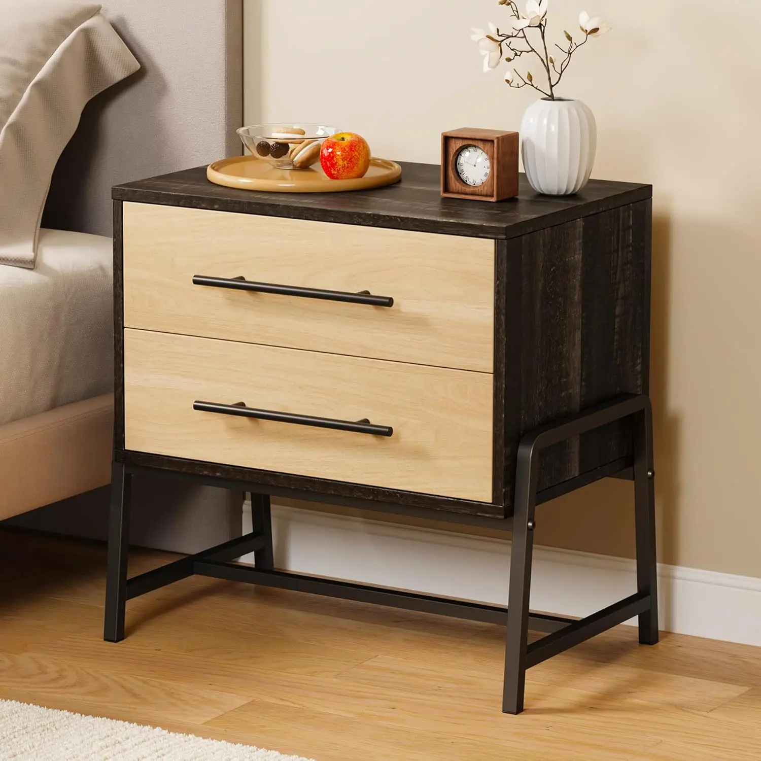 

Light Wood Nightstand Drawer Storage Metal Legs Mid Century Modern Bedroom Living Room Side Table Customized