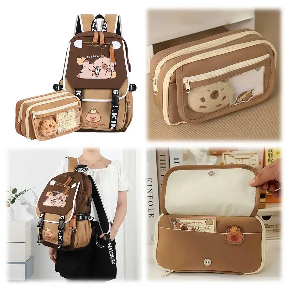 

Capybara Kawaii Schoolbag with Pencil Case Casual Bookbag Adjustable Strap Adorable Daypack Shopping Work Backpack