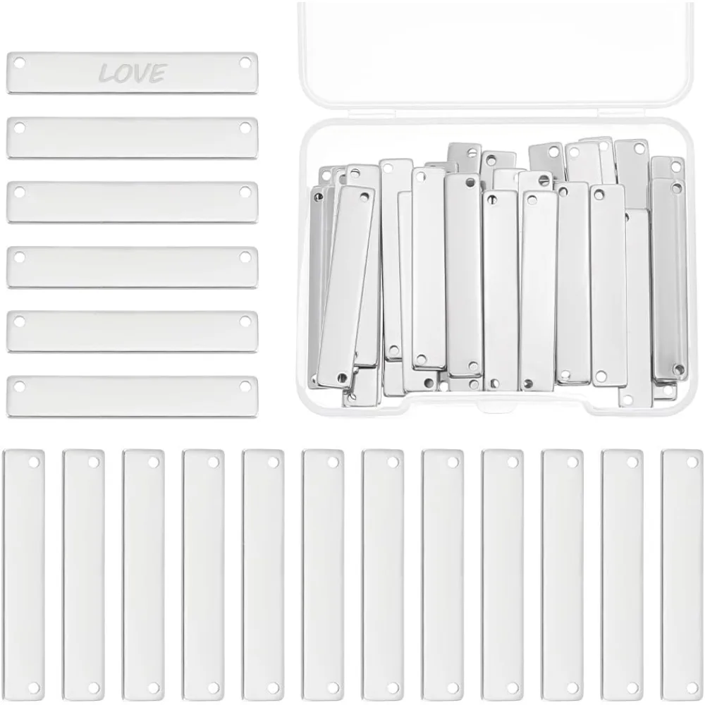 50 pçs 304 aço inoxidável nome tag links conector encantos 35mm longo retângulo em branco tag colar pulseira pingente conector kits