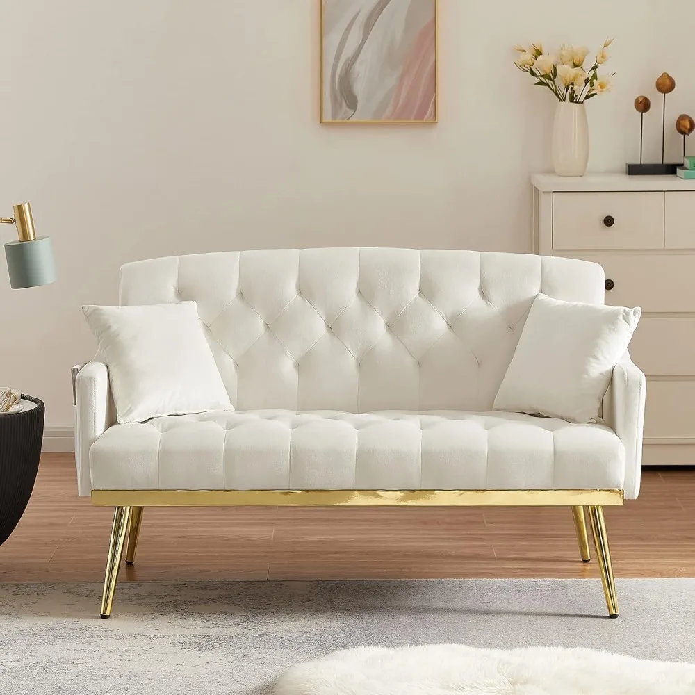 Modern Velvet Loveseat Sofa, Small Couch with Side Pockets and Gold Metal Legs, Tufted Sofa for Living Room