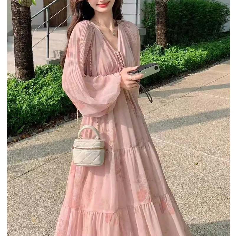 Women Korean Fashion Lace-up Floral Print Sweet Chic Dresses High Waist V Neck Long Sleeve Loose Fairy Beach Maxi Dress Vestidos