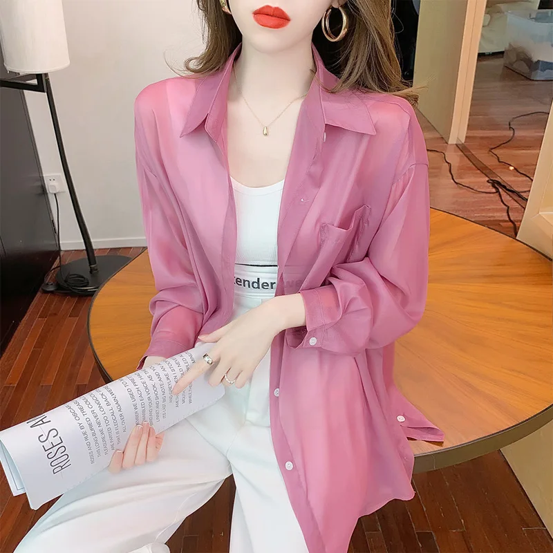 Summer Turn-down Collar Fashion Long Sleeve Shirt Women High Street Casual Solid Color Button Cardigan Elegant Thin Style Tops