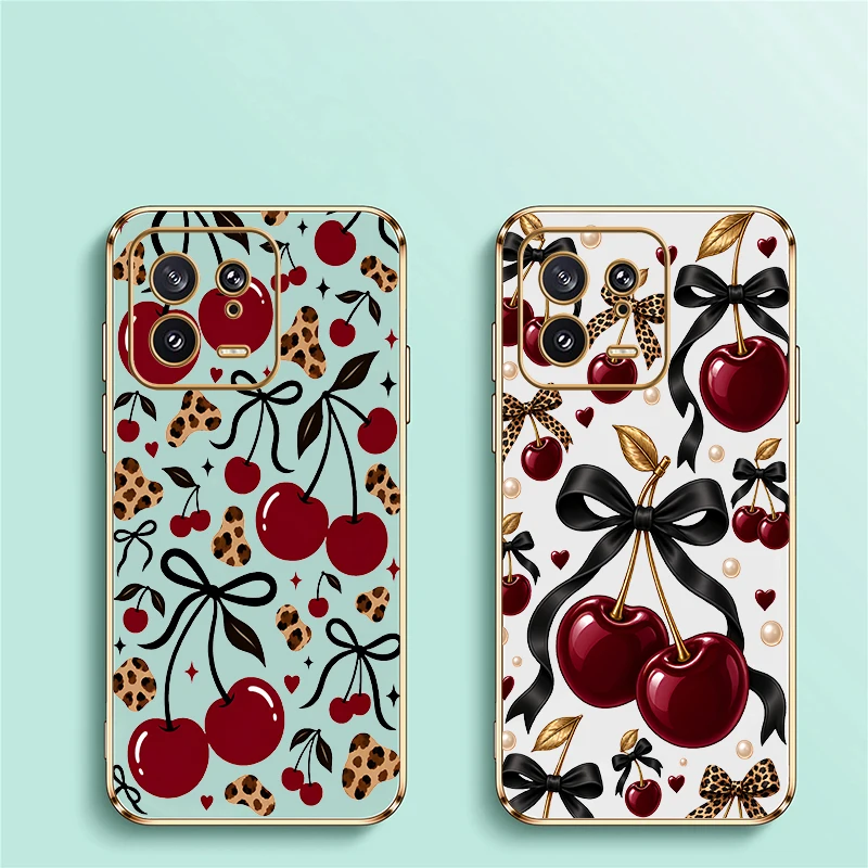 Cherry Bow Leopard Pattern Phone Case For Xiaomi 15 15T 14T 13T 12T 11 Pro 11T 10T 5G 9T Lite Silicone Drop Resistant Cover Capa