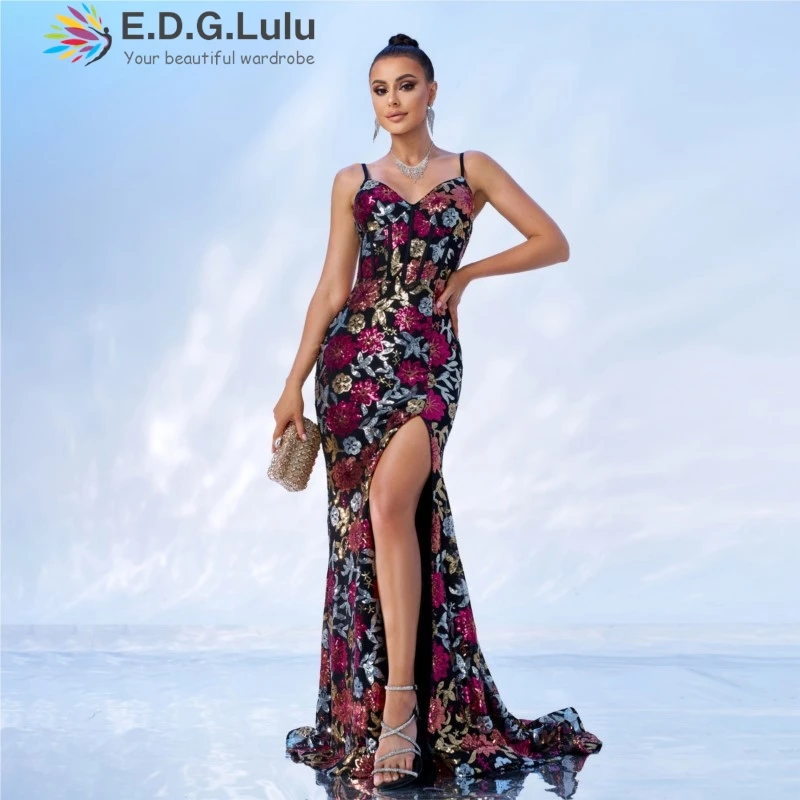 EDGLuLu Elegante scollo a V senza maniche festa di compleanno abito donna sexy backless floreale con paillettes alta fessura abiti lunghi a sirena 0629