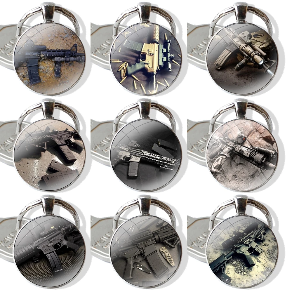 Keychain Handmade Glass Cabochon Key Ring Holder Pendant Key Chains Rifles AR 15 Guns