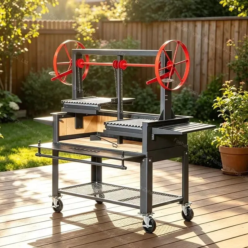 Portable Outdoor Steel Grill with Trolley Powder Coated Durable Flame Safe Adjustable Easy Assembly for Parties 5 Plus People