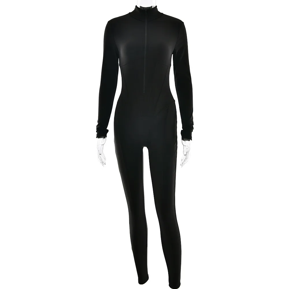 2024 sexy style solid color long-sleeved zipper leggings autumn and winter new round neck long bodysuit for women