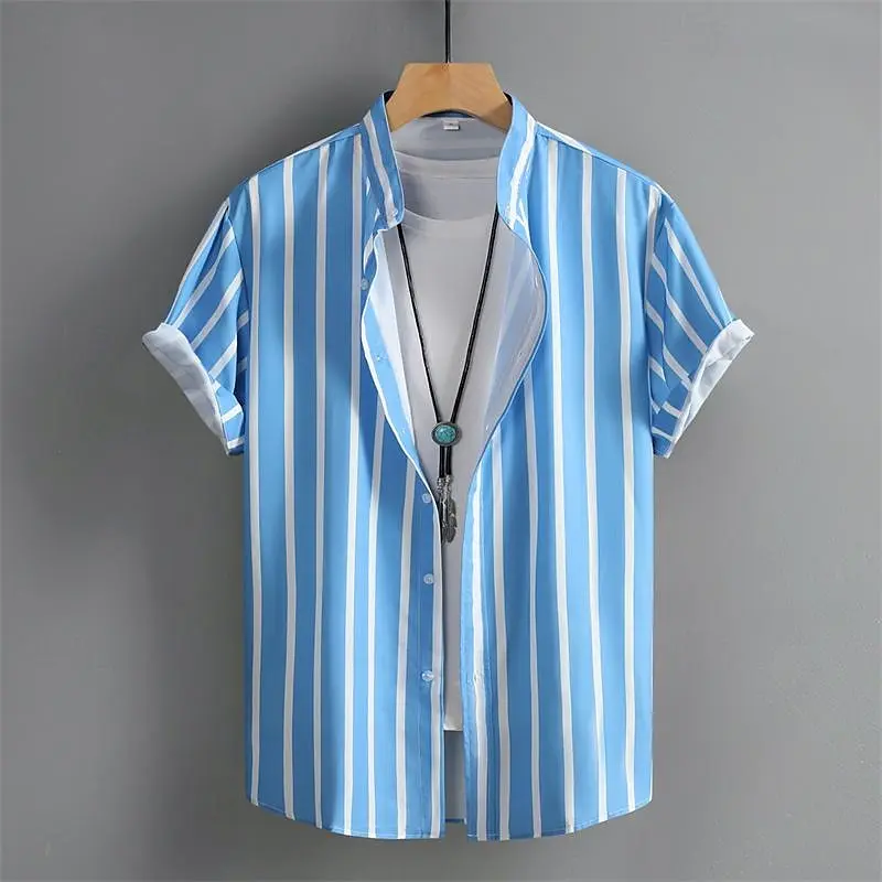 

Men's Shirt Spring Summer Beach Shirt Short Sleeve Striped Stand Collar Hawaiian Holiday Men's Clothing Fashion Casual