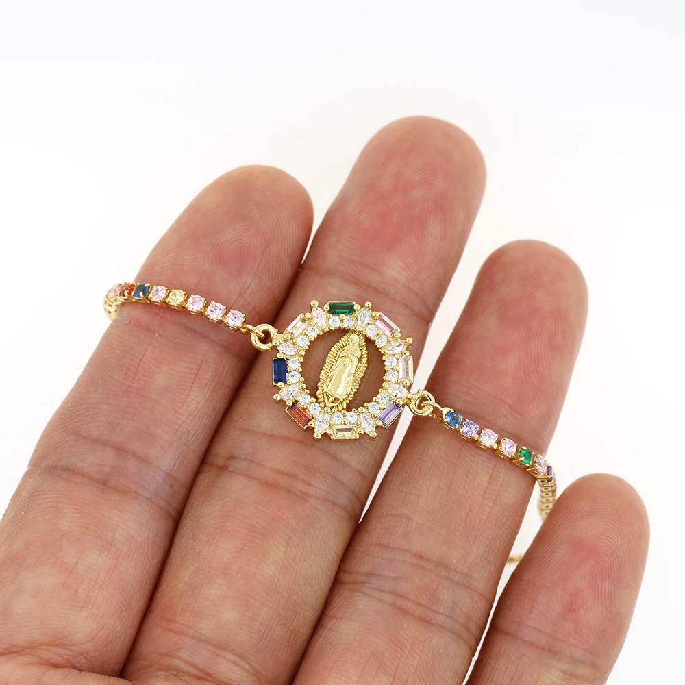 Retro Style Micro Pave Rainbow Cubic Zirconia Virgin Mary Portrait Adjustable Pull Push Bracelet Women Religion Jewelry
