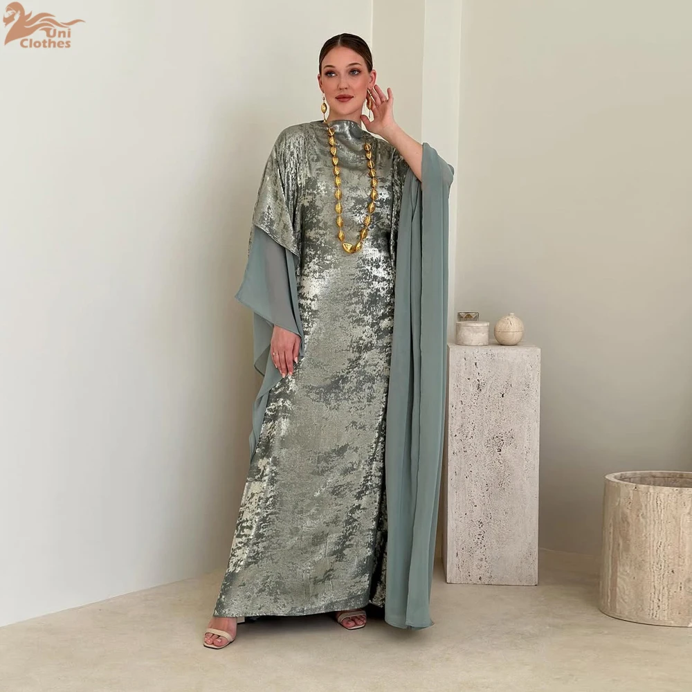 2025 New Elegant Fashion Dress Eid Modest Muslim Dress Batwing Sleeve Shiny Islamic Clothing Dubai Abaya Dress Party Robe